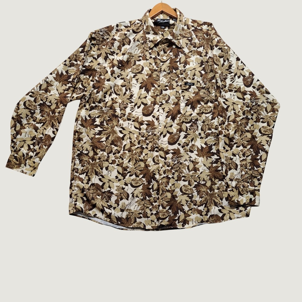 Kani Jeans Button Down Shirt Mens XXL Brown Leaf Print Excellent Long Sleeve